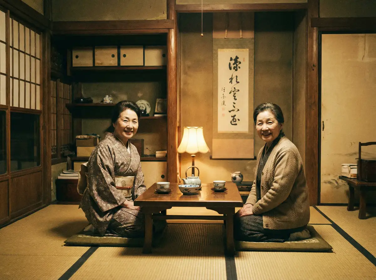 两位优雅的 灰姑娘的魔法手机 在日式茶室中品茶交谈